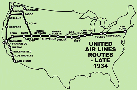 United Air Lines Routes late 1934